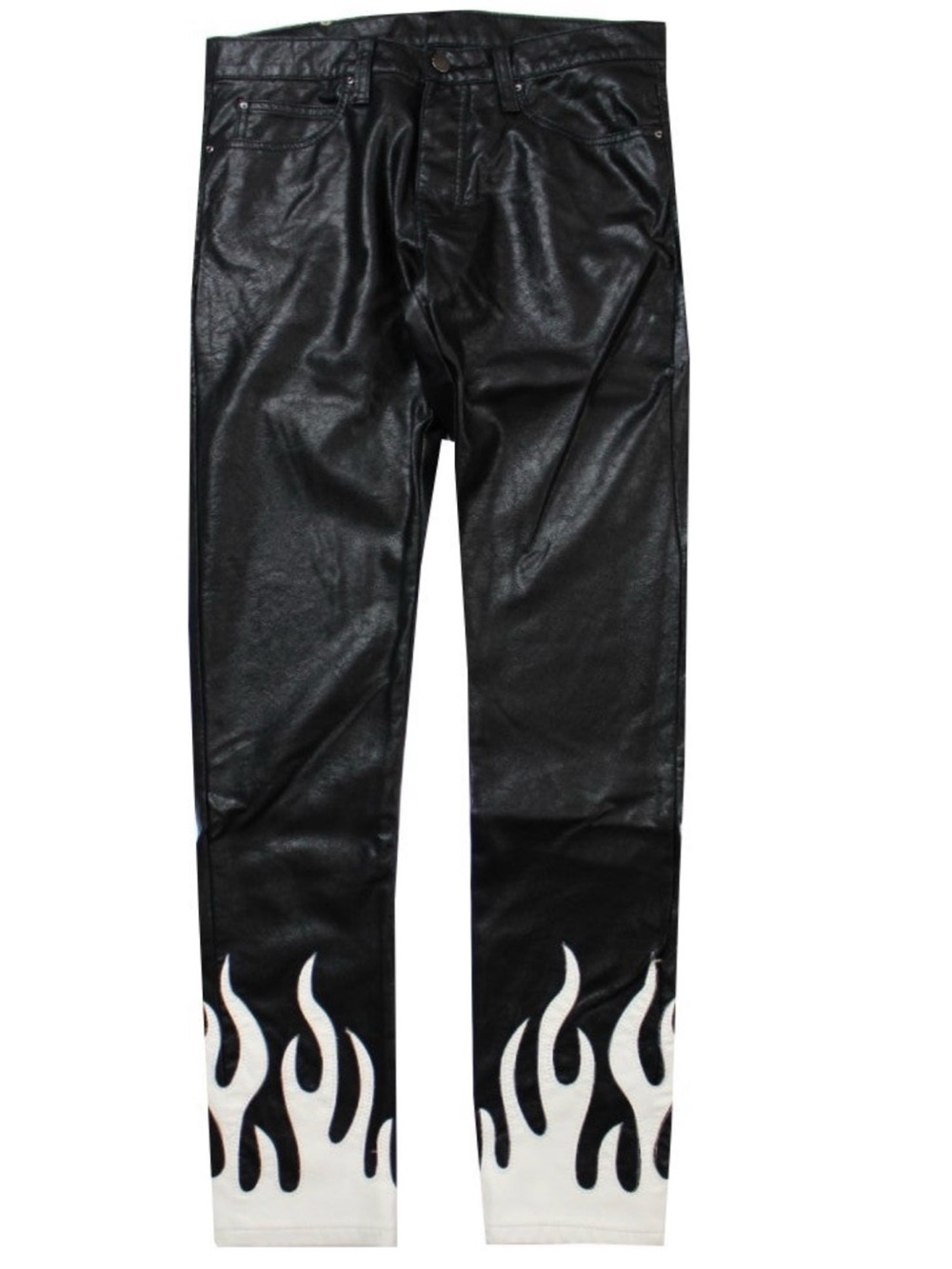 MNML Black Leather Pants with White Flame Hem